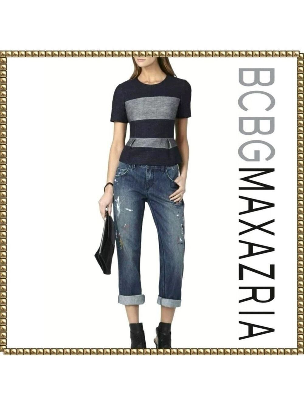 BCBGMAXAZRIA Navy Gray Linen Blend Peplum Top Extra Small